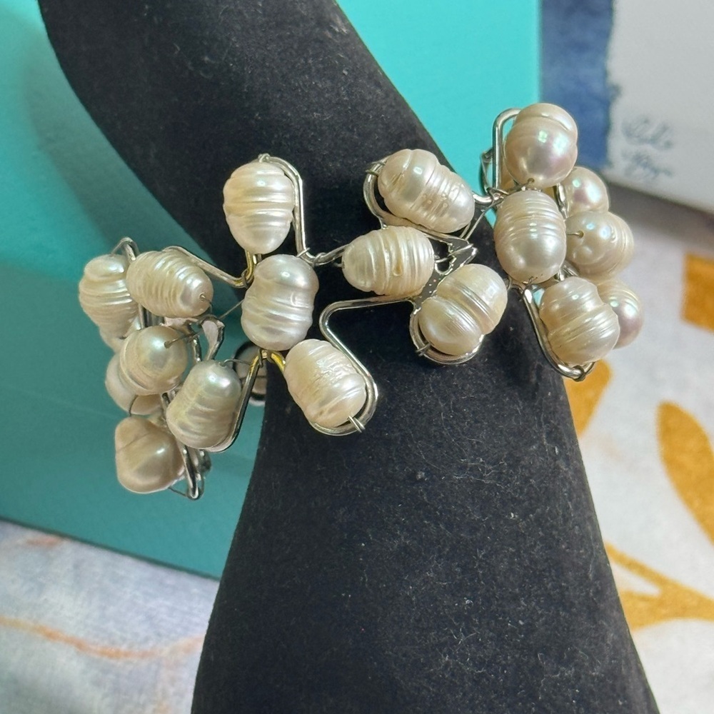Silver and Genuine  Pearl Cluster Floral Bracelet